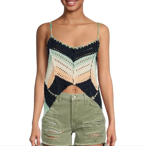 Free People Swim Up V-Neck Sleeveless Back Detail Tie Chevron Crochet Ta… - Picture 7 of 11